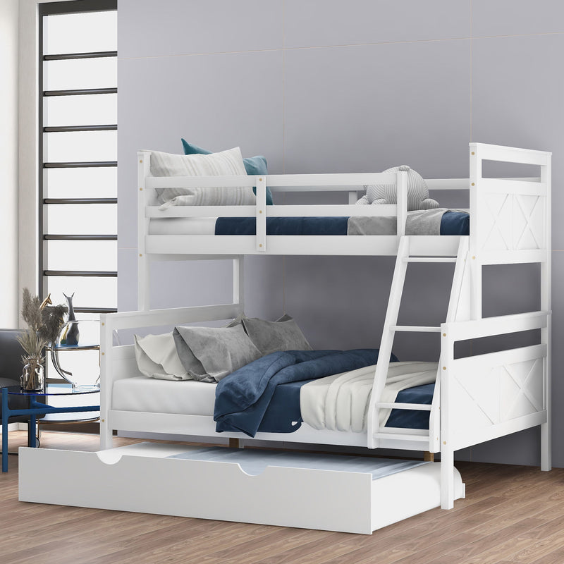 Twin Over Full Bunk Bed With Ladder, Twin Size Trundle, Safety Guardrail - White
