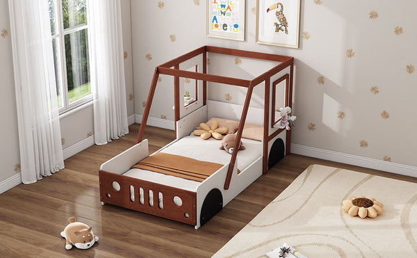 Fun Play Design Twin Size Car Bed, Kids Platform Bed In Car-Shaped For Kids Boys Girls Teens, White + Orange