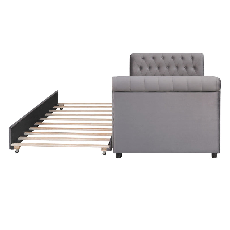 Twin Size Upholstered Daybed With Trundle, Wood Slat Support, Gray