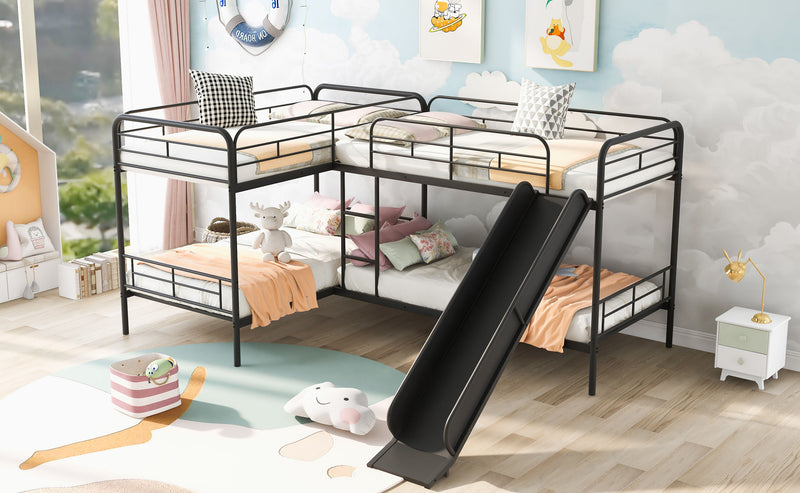 Twin Size L-Shaped Bunk Bed With Slide And Ladder, Black