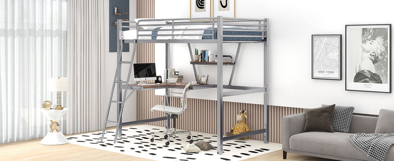 Twin Size Loft Metal & MDF Bed With Desk And Shelf, Silver
