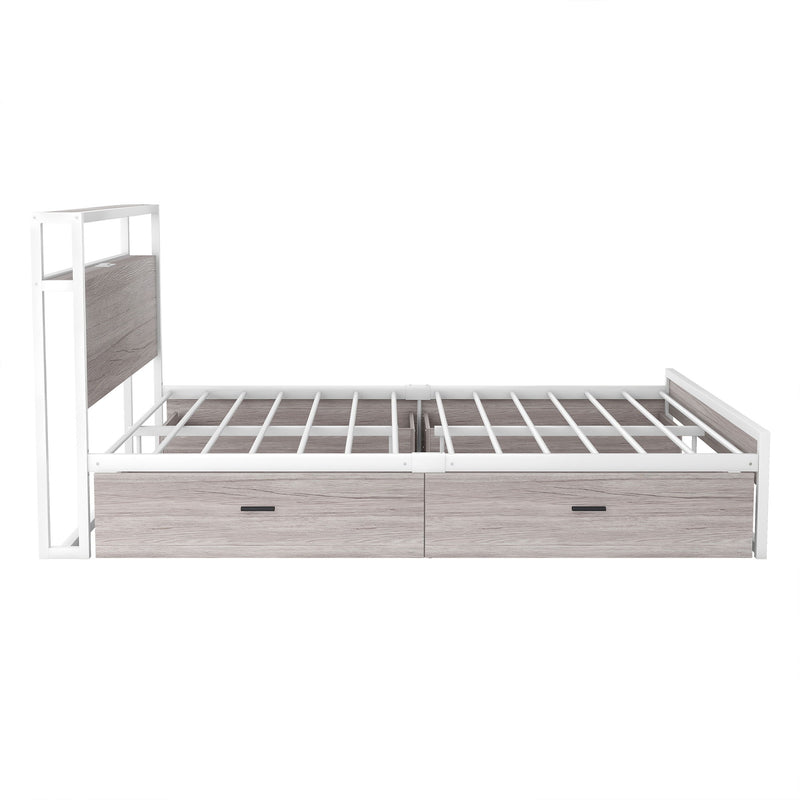 Full Size Metal Platform Bed Frame With Four Drawers, Sockets And USB Ports, Slat Support No Box Spring Needed - White