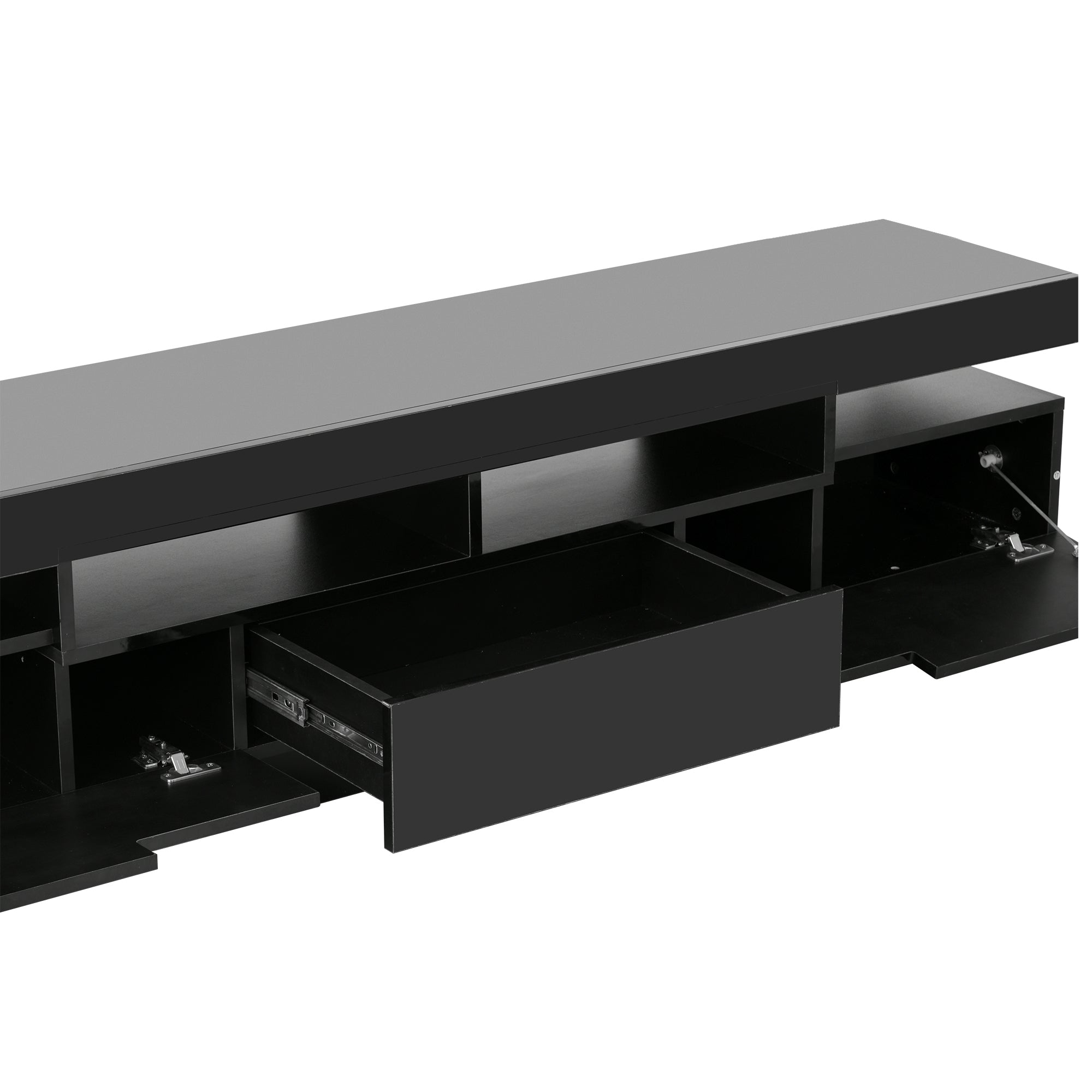 On-Trend TV Stand with 4 Open Shelves, Modern High Gloss Entertainment Center for 75 Inch TV, Universal TV Storage Cabinet with 16-color RGB LED Color Changing Lights, Black - Atlantic Fine Furniture Inc
