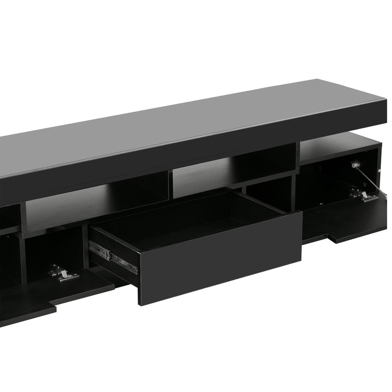 On-Trend TV Stand with 4 Open Shelves, Modern High Gloss Entertainment Center for 75 Inch TV, Universal TV Storage Cabinet with 16-color RGB LED Color Changing Lights, Black
