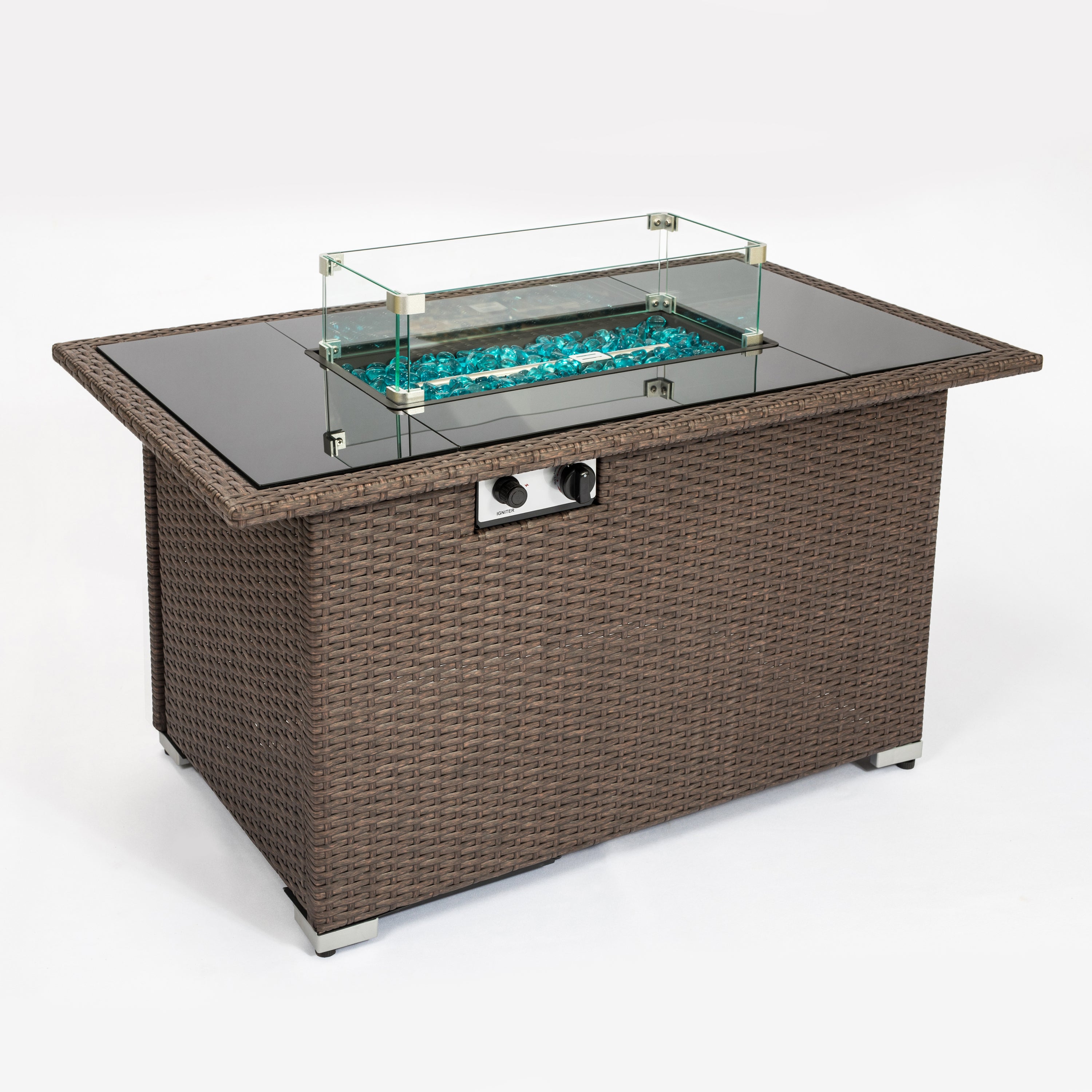 Outdoor 44" Propane Fire pit  Table  Rectangle  50,000 BTU with  8mm Tempered Glass Tabletop & Blue Stone& Steel table lid &Table waterproof dusty Cover ,ETL Certification (Brown) - Atlantic Fine Furniture Inc
