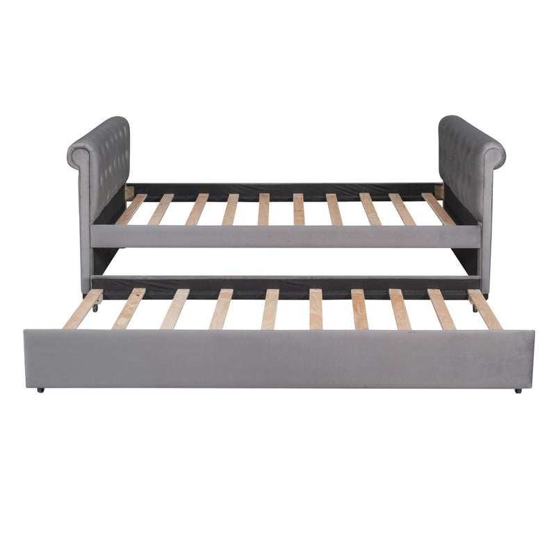 Twin Size Upholstered Daybed With Trundle, Wood Slat Support, Gray