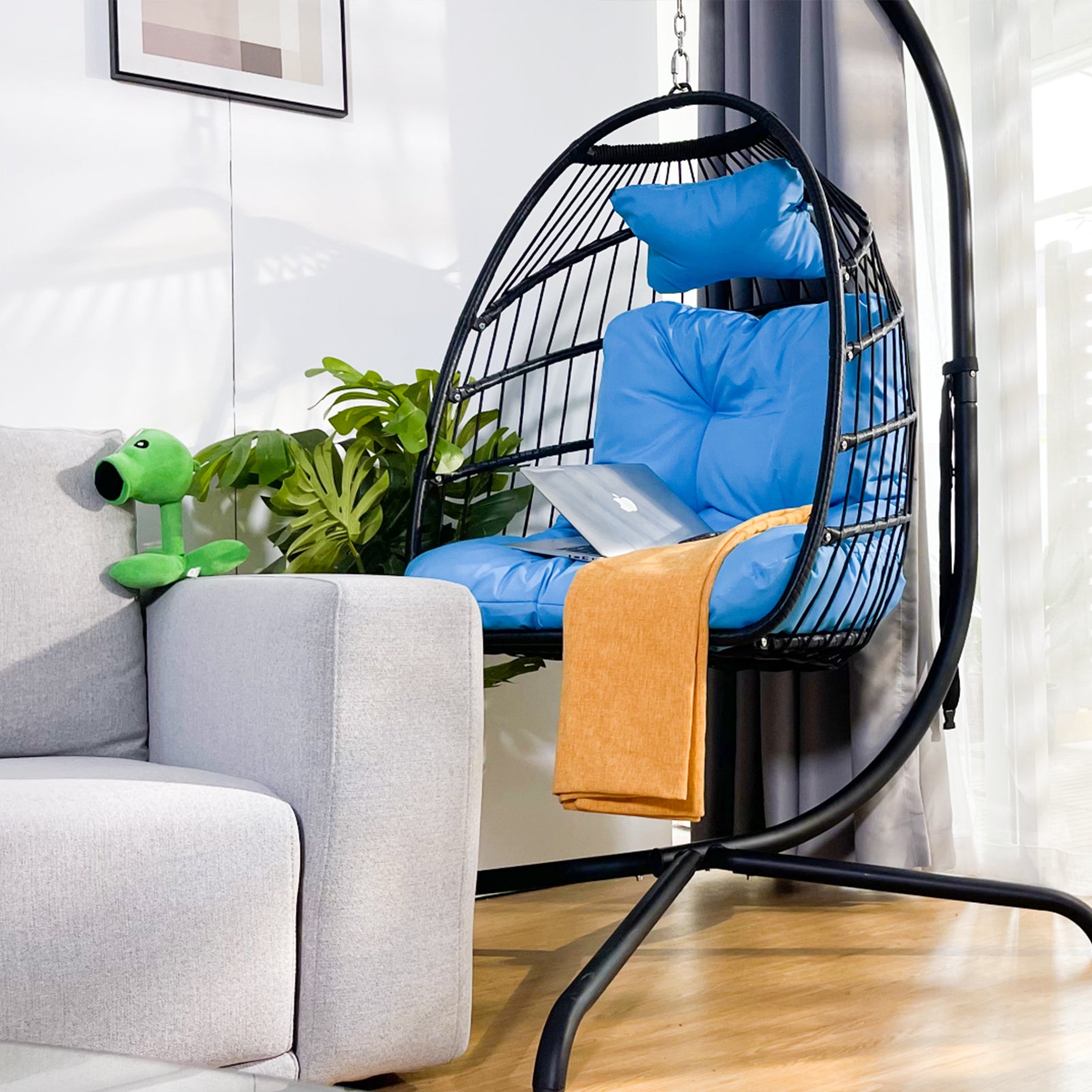 Swing Egg Chair with Stand Indoor Outdoor Wicker Rattan Patio Basket Hanging Chair with C Type bracket , with cushion and pillow,Patio Wicker folding Hanging Chair - Atlantic Fine Furniture Inc
