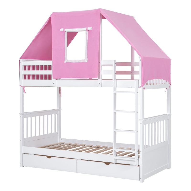 Twin Over Twin Bunk Bed Wood Bed With Tent And Drawers, White / Pink Tent