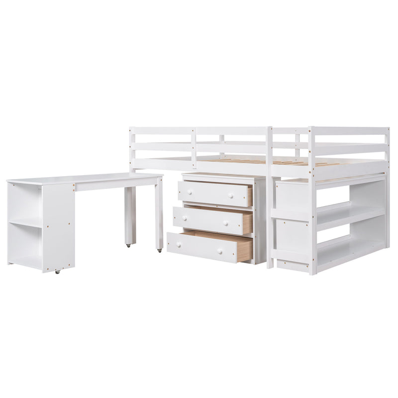 Low Study Full Loft Bed With Cabinet, Shelves And Rolling Portable Desk, Multiple Functions Bed - White
