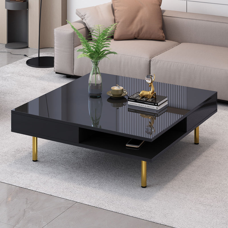 On Trend Exquisite High Gloss Coffee Table With 4 Golden Legs And 2 Small Drawers, 2-Tier Square Center Table For Living Room, Black