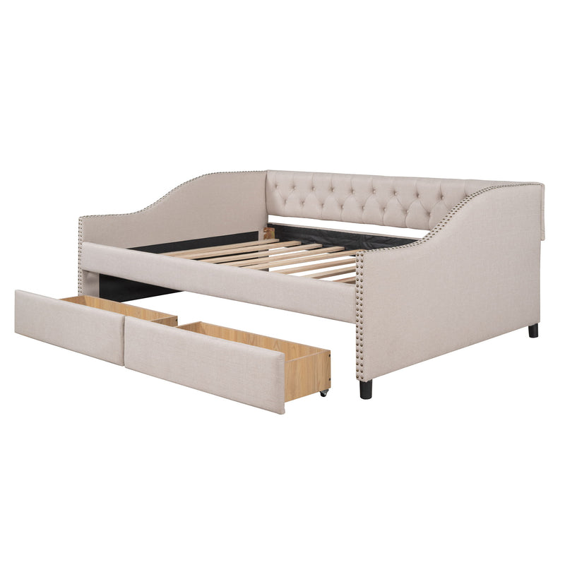 Upholstered Daybed With Two Drawers, Wood Slat Support, Beige, Full Size - Beige