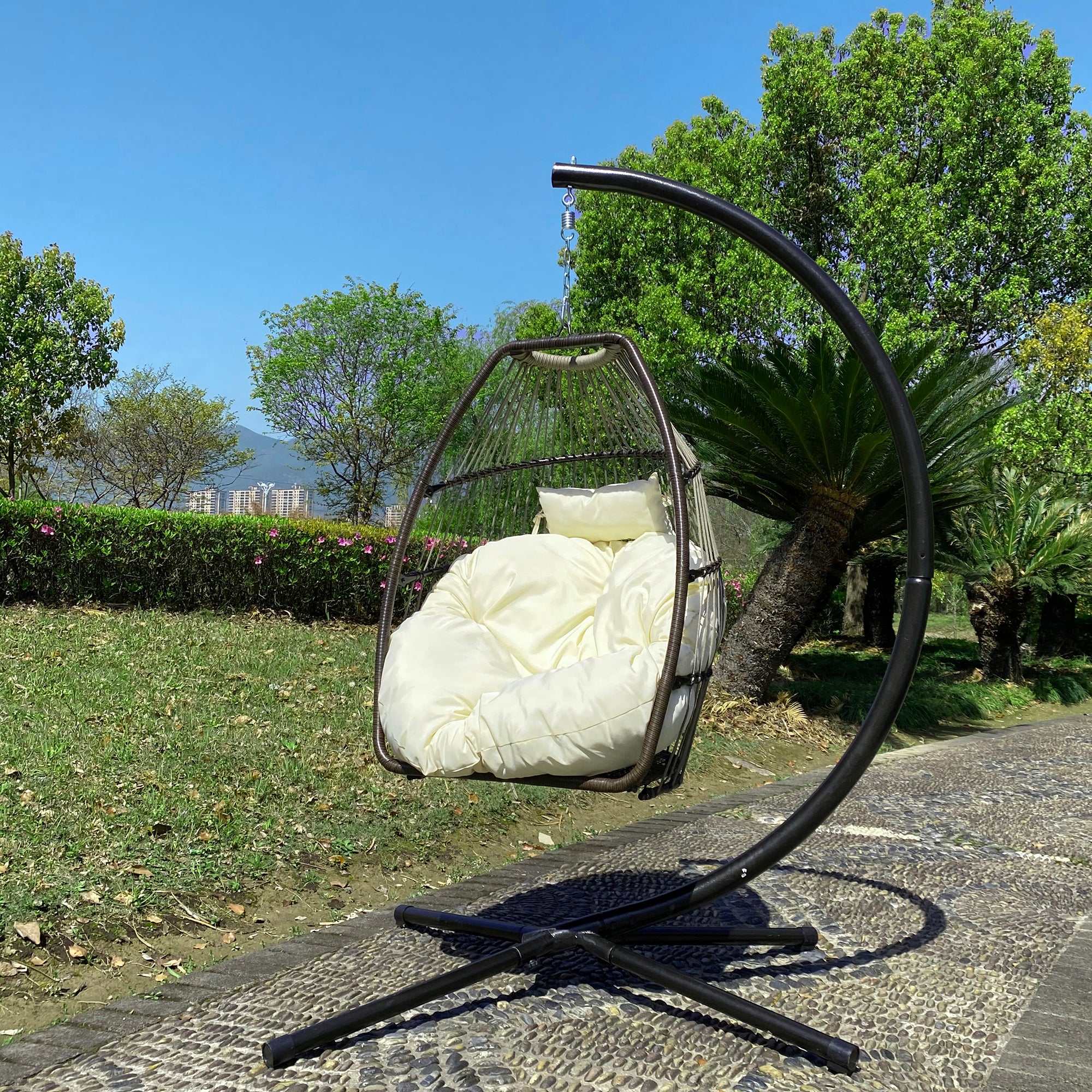 Outdoor Patio Wicker Folding Hanging Chair,Rattan Swing Hammock Egg Chair With C Type Bracket , With Cushion And Pillow - Atlantic Fine Furniture Inc