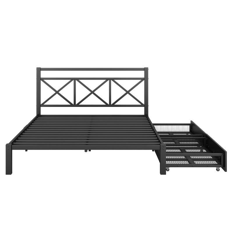 Metal Platform Bed With 2 Drawers, Queen (Black)
