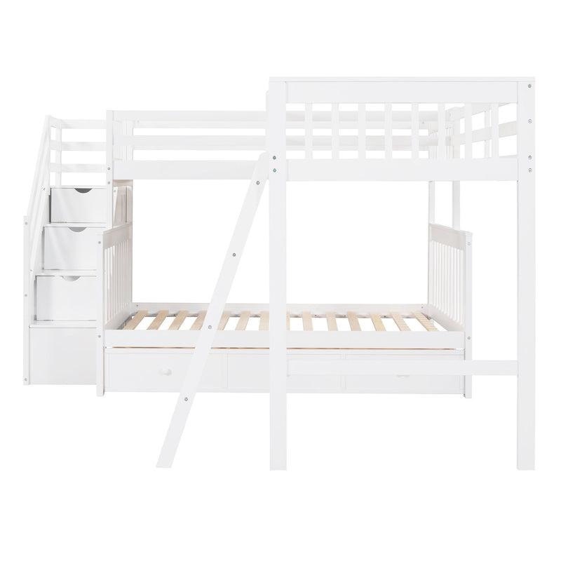 Twin Over Full L-Shaped Bunk Bed With 3 Drawers, Ladder And Staircase - White