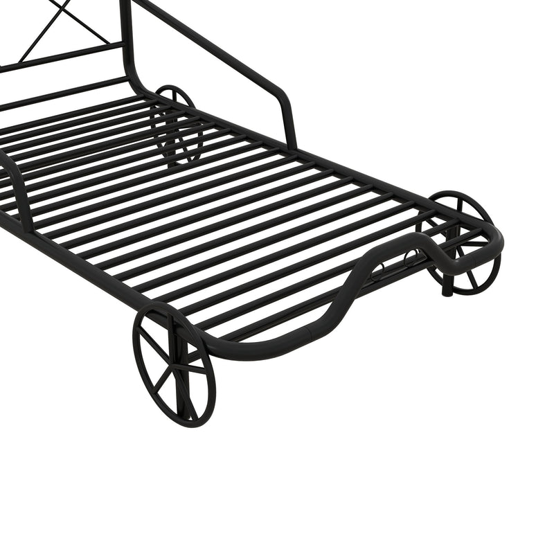 Twin Size Metal Car Bed With Four Wheels, Guardrails And X-Shaped Frame Shelf, Black