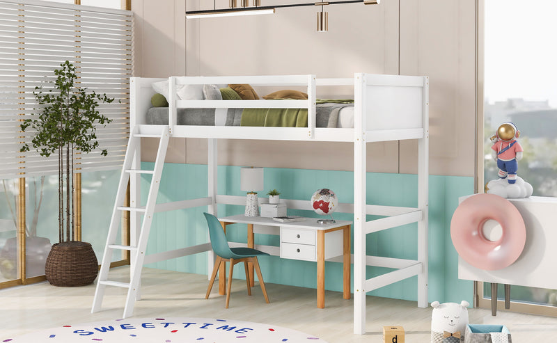 Solid Wood Twin Size Loft Bed With Ladder (White)