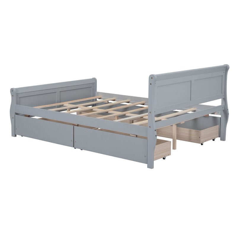 Full Size Wood Platform Bed With 4 Drawers And Streamlined Headboard & Footboard, Gray