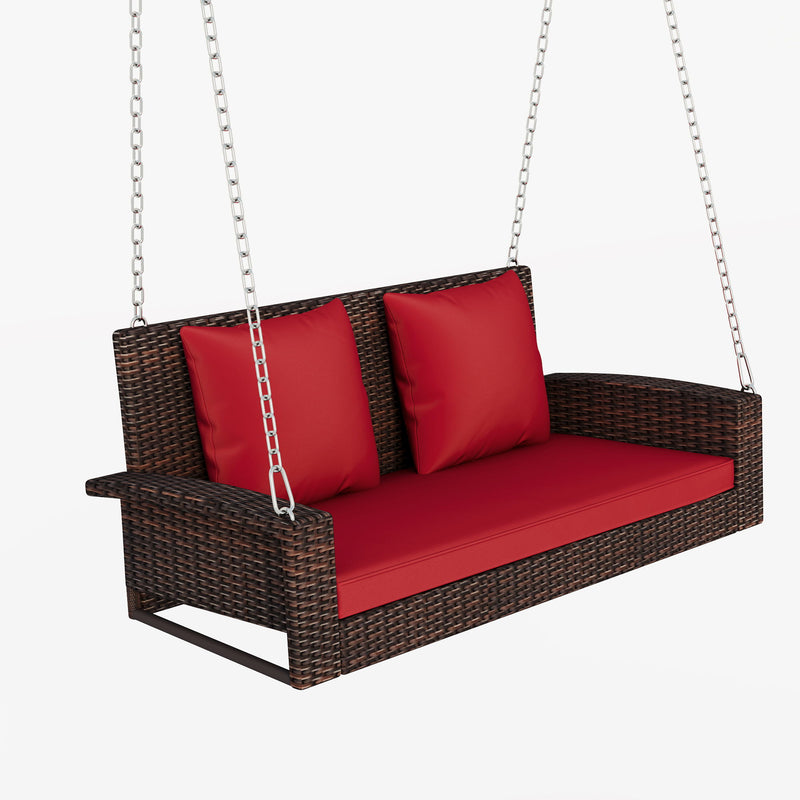 Go 2-Person Wicker Hanging Porch Swing With Chains, Cushion, Pillow, Rattan Swing Bench For Garden, Backyard, Pond. (Brown Wicker, Red Cushion)