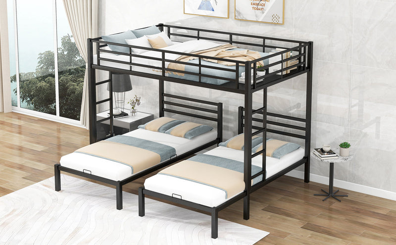 Full Over Twin & Twin Size Bunk Bed With Built-In Shelf, Black