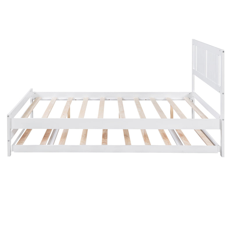 Full Size Platform Bed With Adjustable Trundle, White