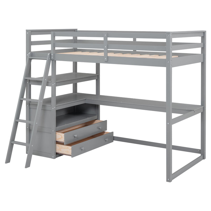 Twin Size Loft Bed With Desk And Shelves, Two Built - In Drawers, Gray