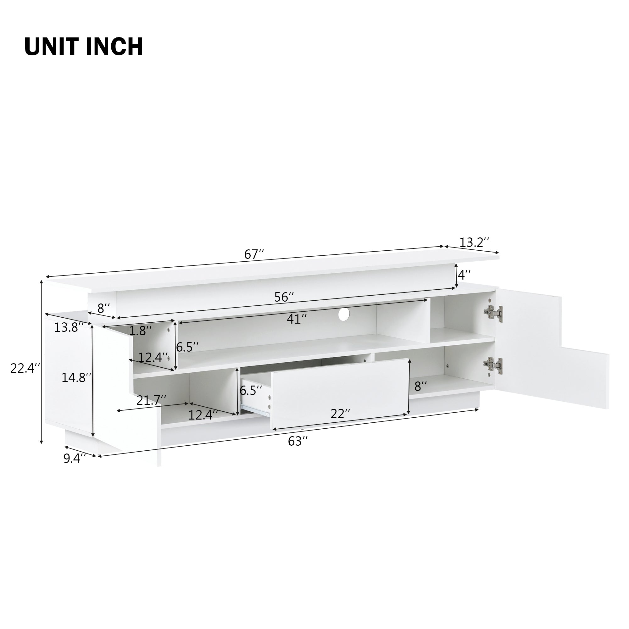 ON-TREND Modern, Stylish Functional TV stand with Color Changing LED Lights, Universal Entertainment Center, High Gloss TV Cabinet for 75+ inch TV, White - Atlantic Fine Furniture Inc