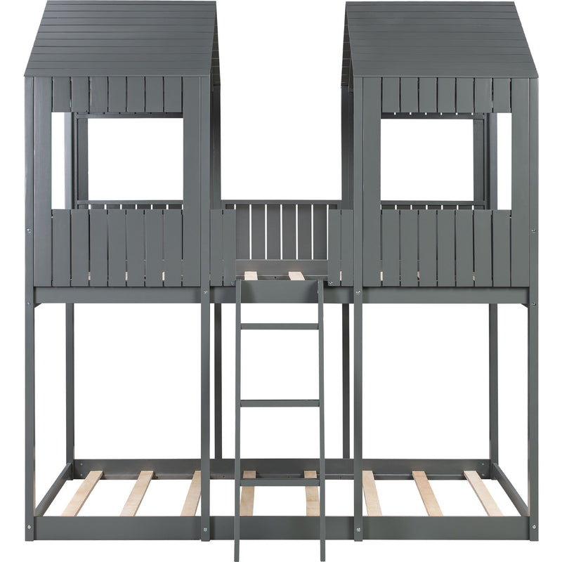 Full Over Full Woodbunk Bed With Roof, Window, Guardrail, Ladder (Gray)