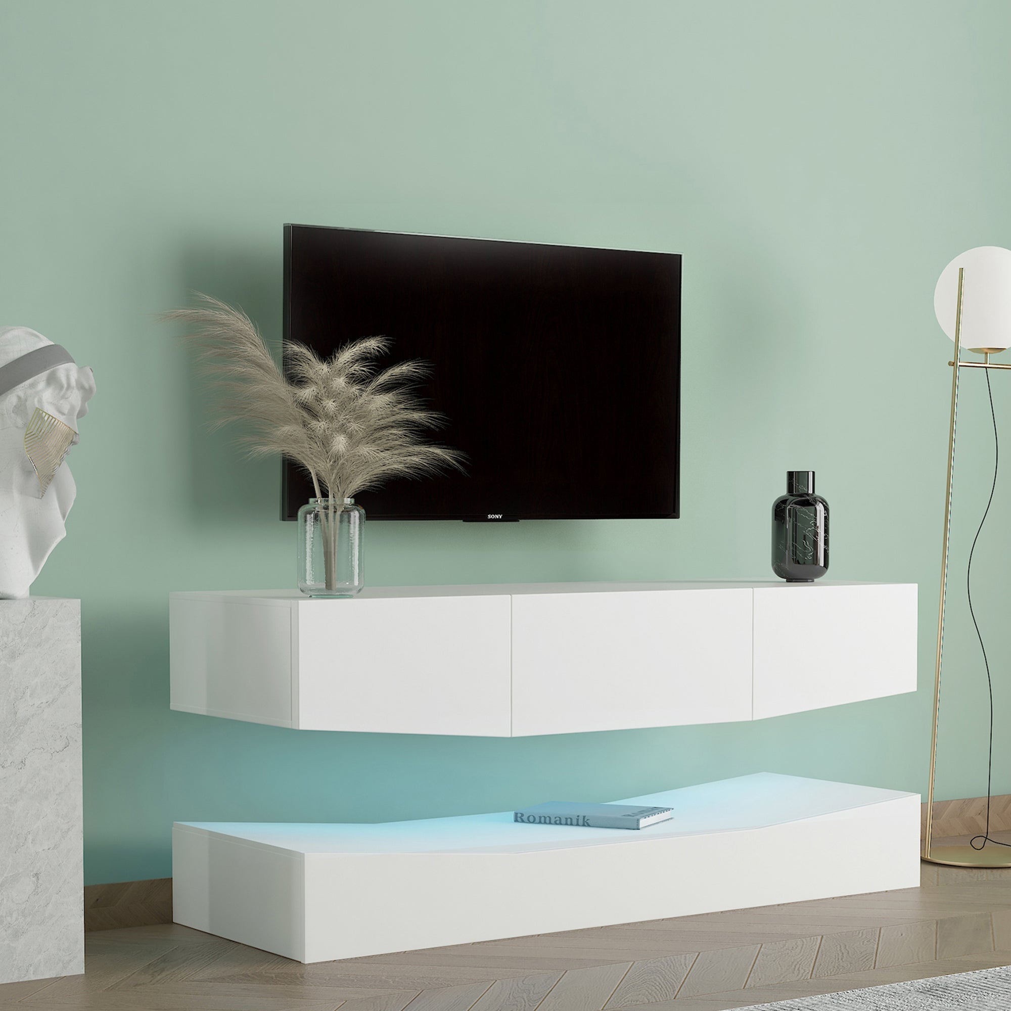 LED TV Stand for 55 inch TV, Modern Entertainment Center with LED Lights, TV & Media Furniture Console for Under TV Living Game Room Bedroom,White - Atlantic Fine Furniture Inc