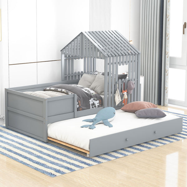 Twin Size House Low Loft Bed With Trundle, Gray