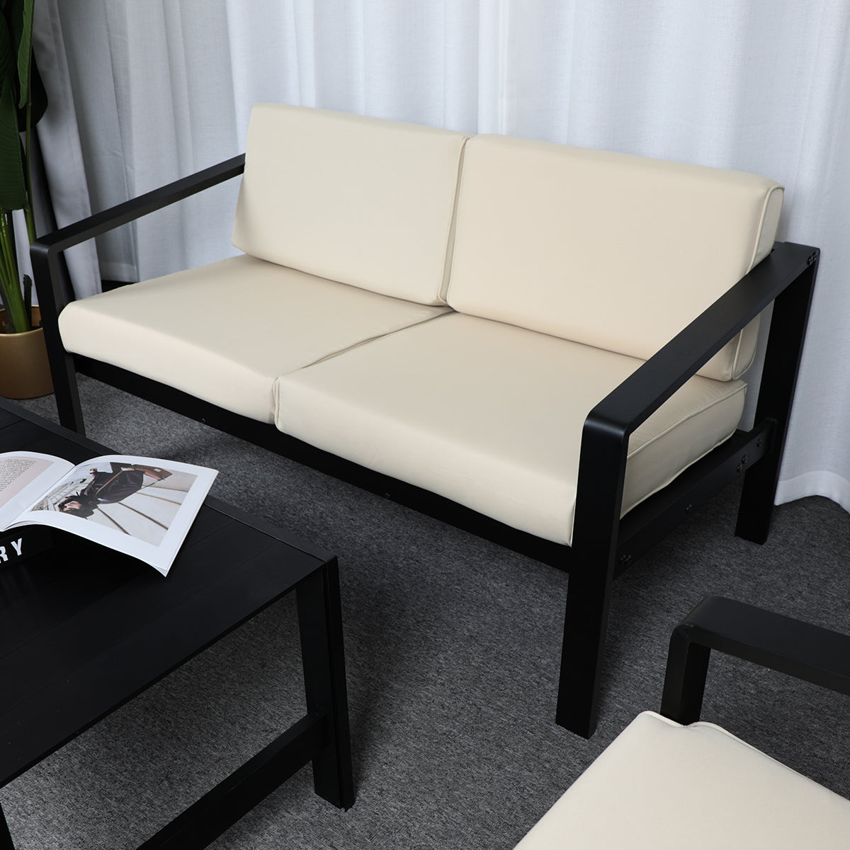 Outdoor Patio Furniture Double Armchair with Cushions in stripe for Restaurant Outdoor courtyard Garden Open-air balcony Poolside,Black aluminum fram,Modern Design - Atlantic Fine Furniture Inc