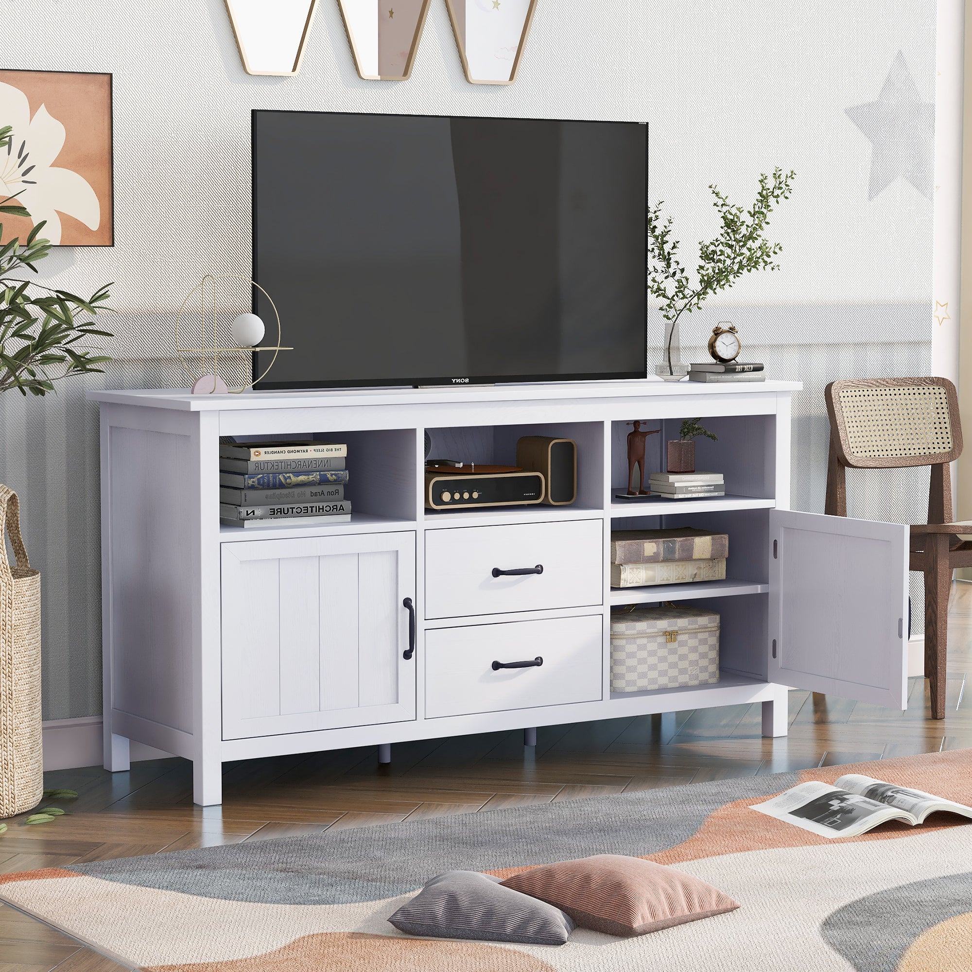 U-Can TV Stand for TV up to 68 in with 2 Doors and 2 Drawers Open Style Cabinet, Sideboard for Living room, White - Atlantic Fine Furniture Inc