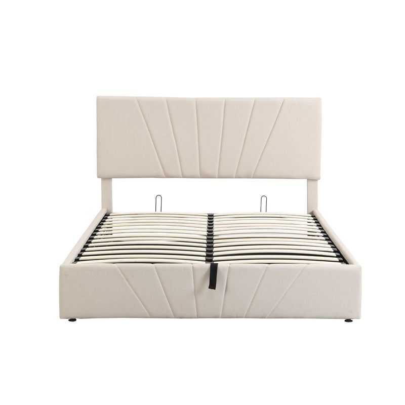 Queen Size Upholstered Platform Bed With A Hydraulic Storage System Beige