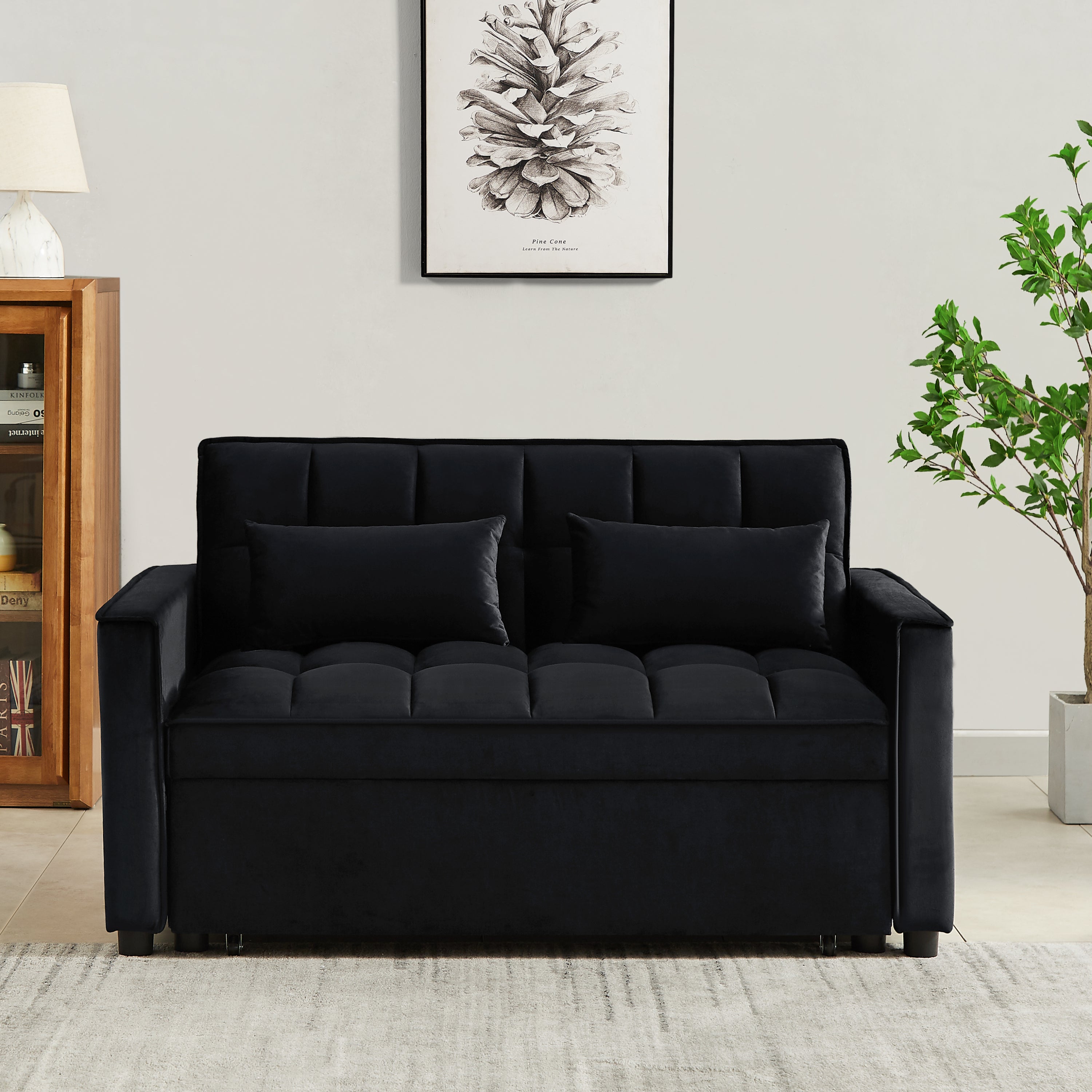 Modern Velvet Convertible Loveseat Sleeper Sofa Couch with Adjustable Backrest, 2 Seater Sofa With Pull-Out Bed with 2 Lumbar Pillows For Small Living Room & Apartment - Atlantic Fine Furniture Inc