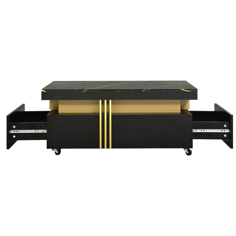 On-Trend Contemporary Coffee Table With Faux Marble Top , Rectangle Cocktail Table With Caster Wheels, Moderate Luxury Center Table With Gold Metal Bars For Living Room, Black