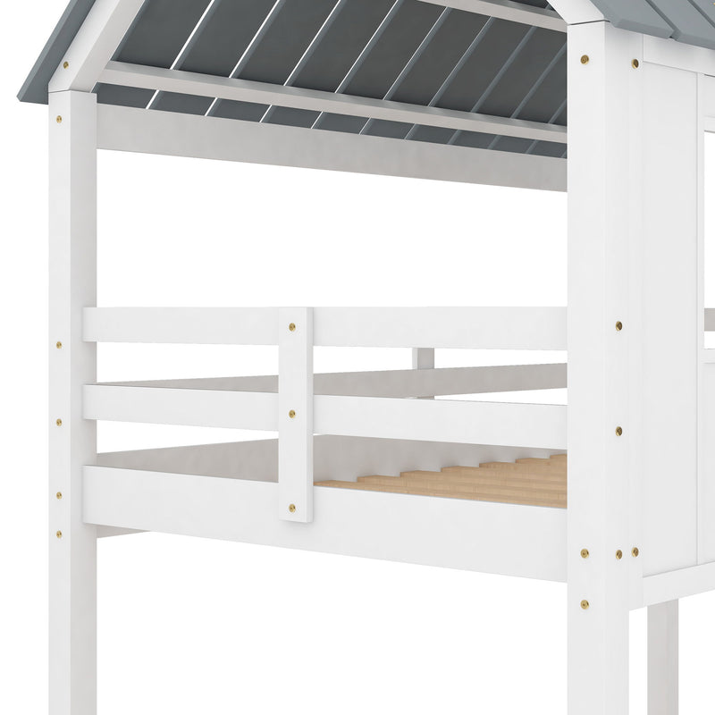 Twin Over Twin Size Low Bunk Beds With Roof And Fence Shaped Guardrail, White
