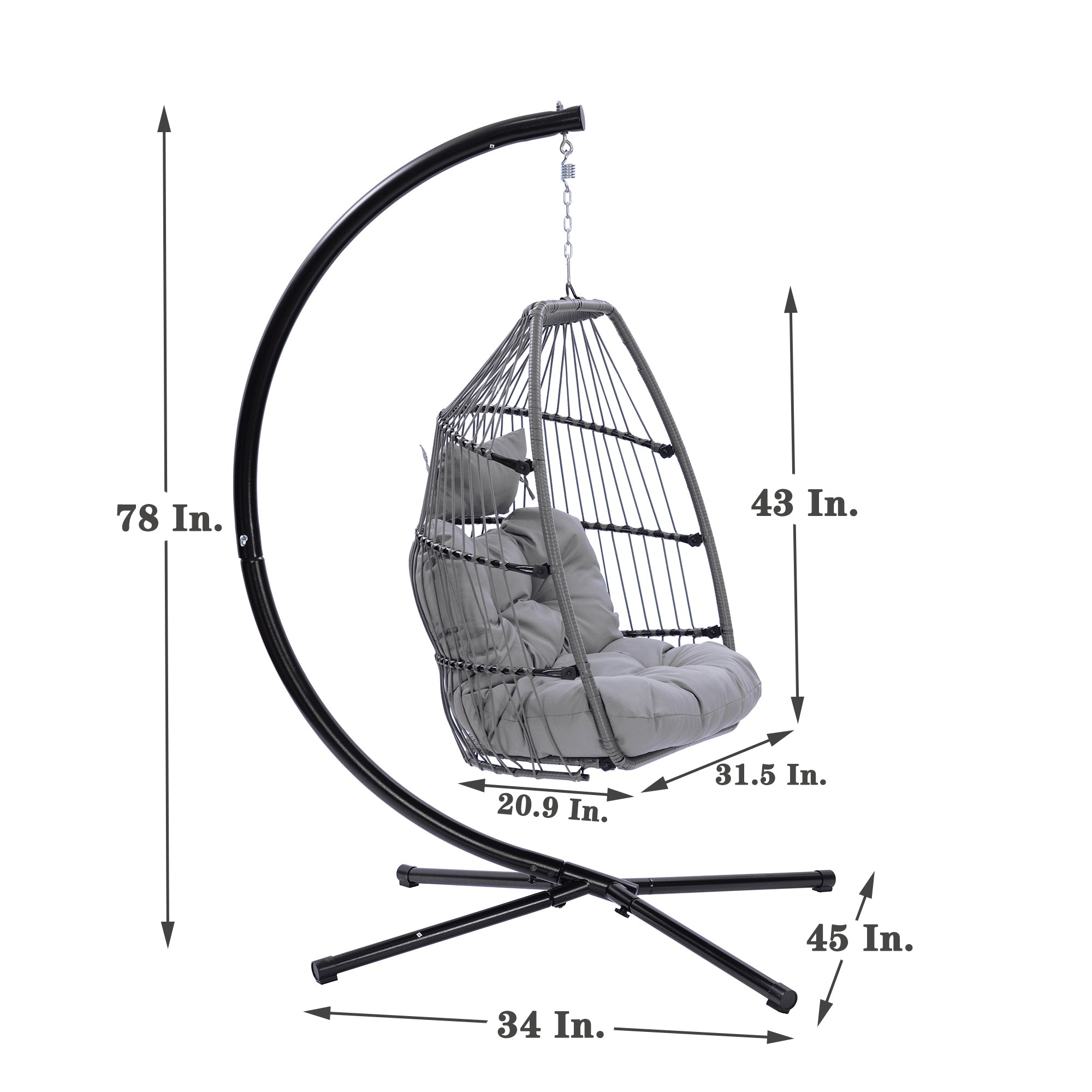 Outdoor Patio Wicker Folding Hanging Chair,Rattan Swing Hammock Egg Chair With C Type Bracket, With Cushion And Pillow - Atlantic Fine Furniture Inc