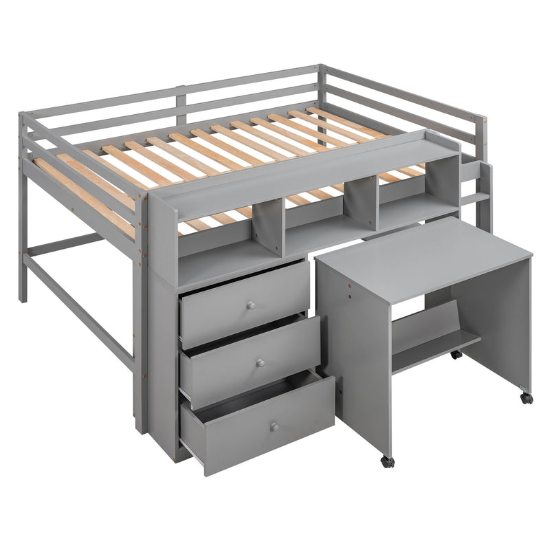 Full Size Low Loft Bed With Rolling Portable Desk, Drawers And Shelves - Gray