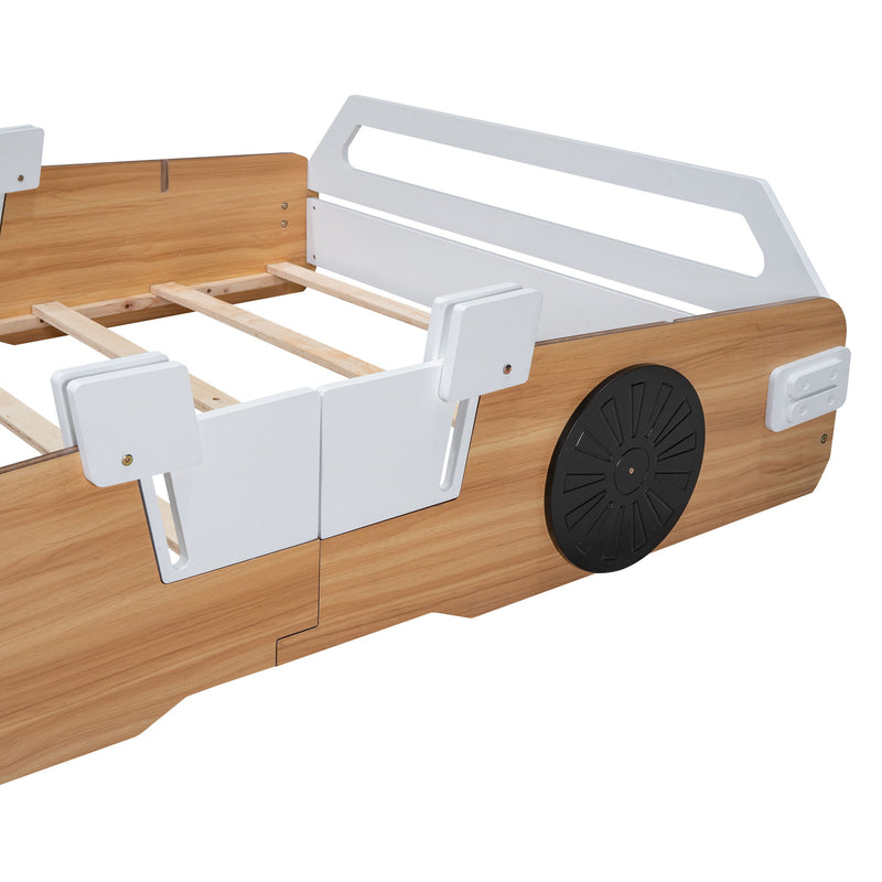 Wood Full Size Racing Car Bed With Door Design And Storage, Natural + White + Black