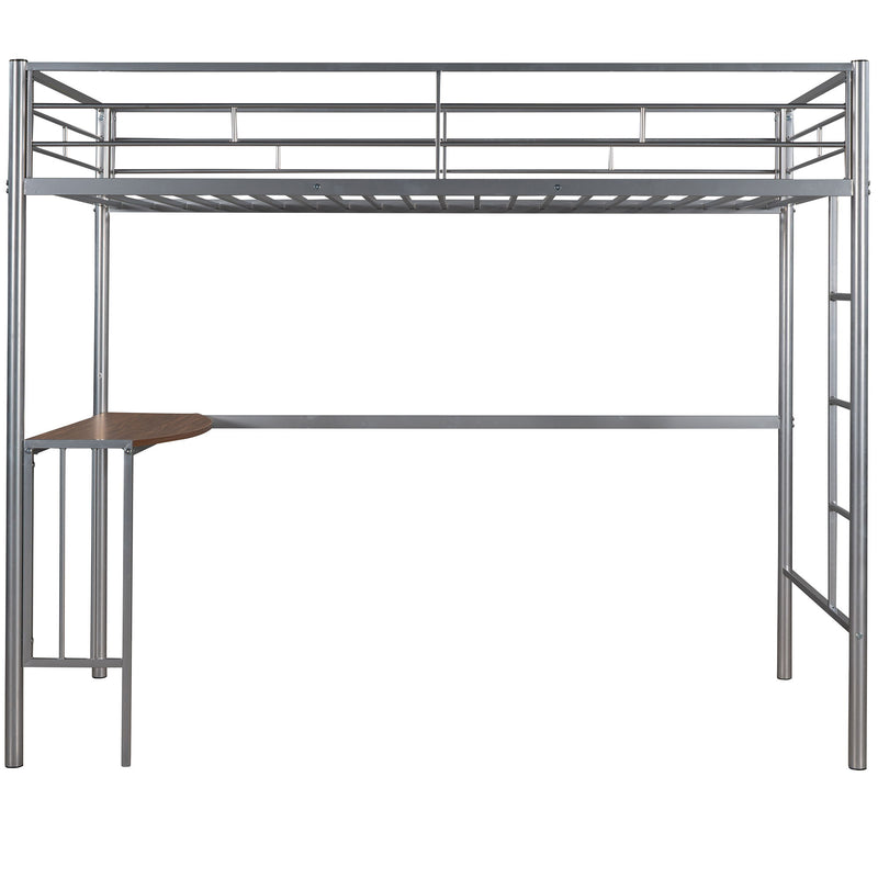 Twin Metal Bunk Bed With Desk, Ladder And Guardrails, Loft Bed For Bedroom, Silver