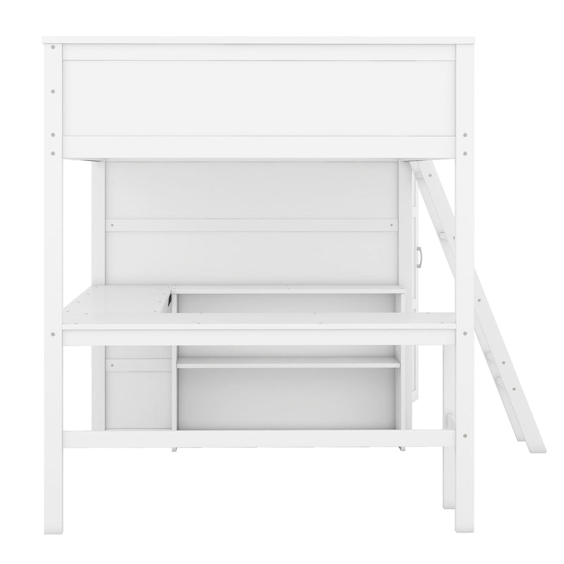Full Size Loft Bed With Desk, Shelves And Wardrobe - White
