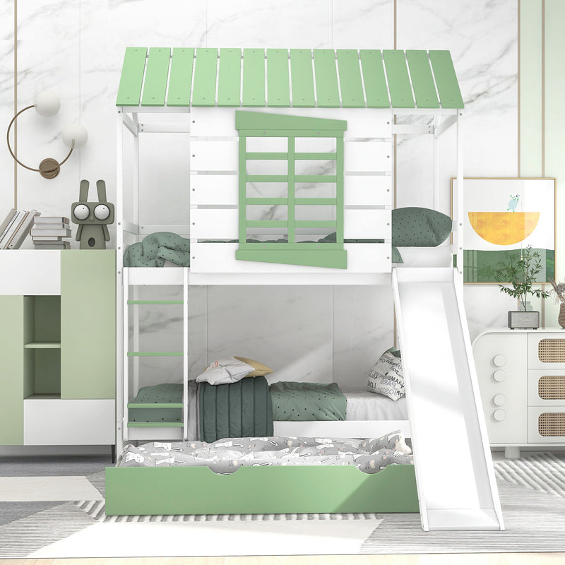 Twin Over Twin Size House Bunk Bed With Convertible Slide And Trundle, White / Green