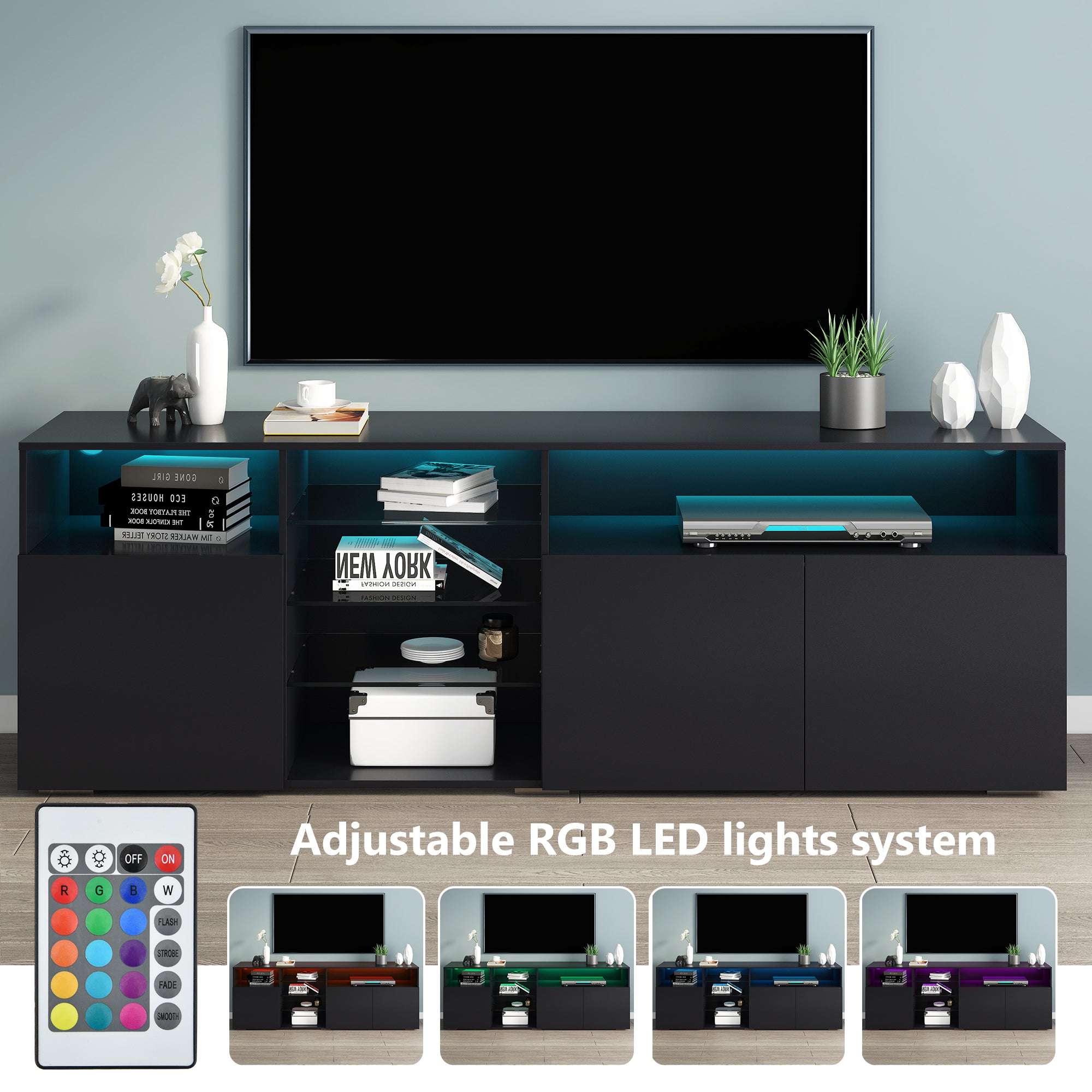 U-Can Modern, Stylish Functional TV stand with Color Changing LED Lights, Universal Entertainment Center, High Gloss TV Cabinet for 70+ inch TV, Black - Atlantic Fine Furniture Inc