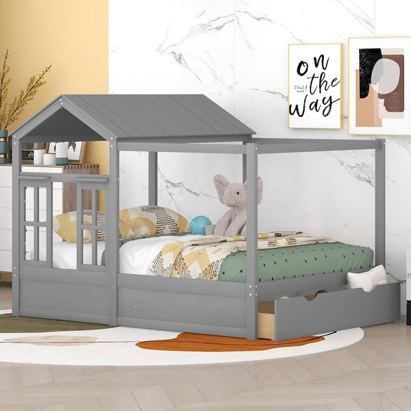 Full Size House Bed With Roof, Window And Drawer - Gray
