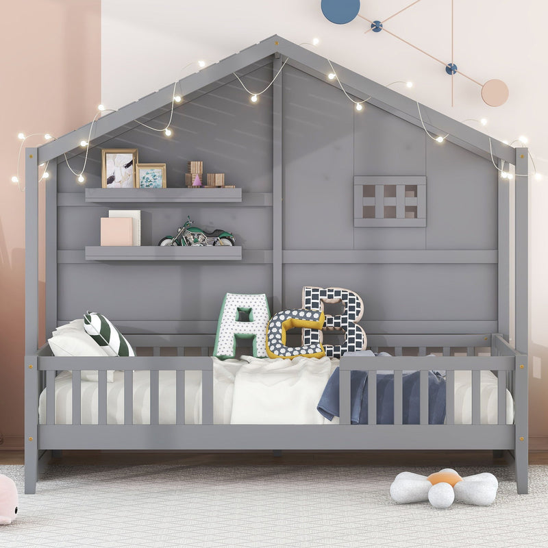 Twin Size House Bed With Shelves, House Bed With Window And Sparkling Light Strip On The Roof, Gray