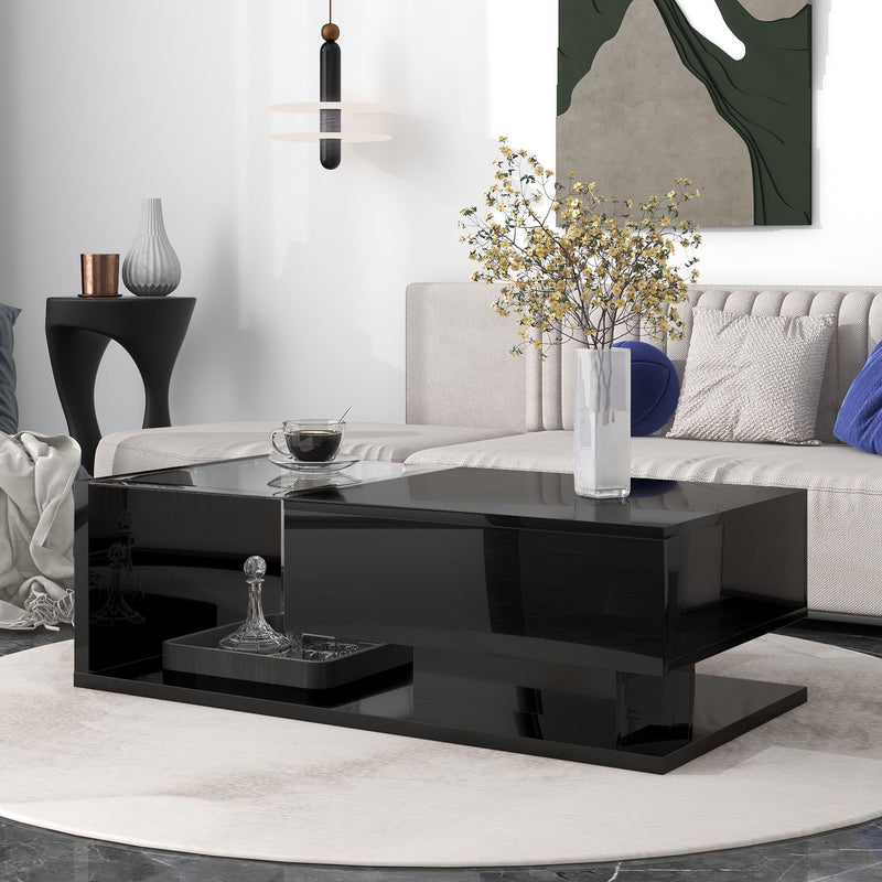 On-Trend Modern Coffee Table With Tempered Glass, Wooden Cocktail Table With High-Gloss Uv Surface, Modernist 2-Tier Rectangle Center Table For Living Room, Black