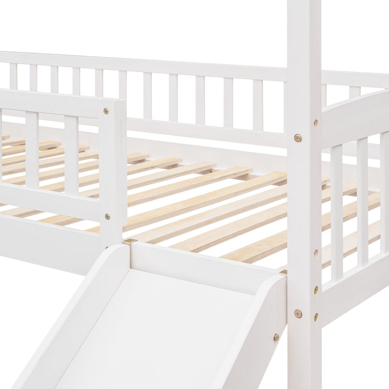 Twin Loft Bed With Slide, House Bed With Slide, White - White