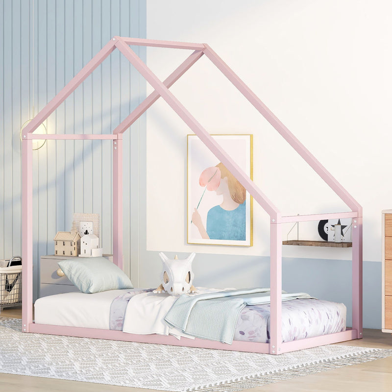 Twin Size Metal House Bed Kids Bed, Pink