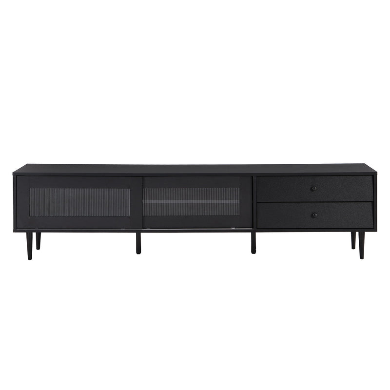 On-Trend Chic Elegant Design TV Stand With Sliding Fluted Glass Doors, Slanted Drawers Media Console For Tvs Up To 75", Modern TV Cabinet With Ample Storage Space, Black
