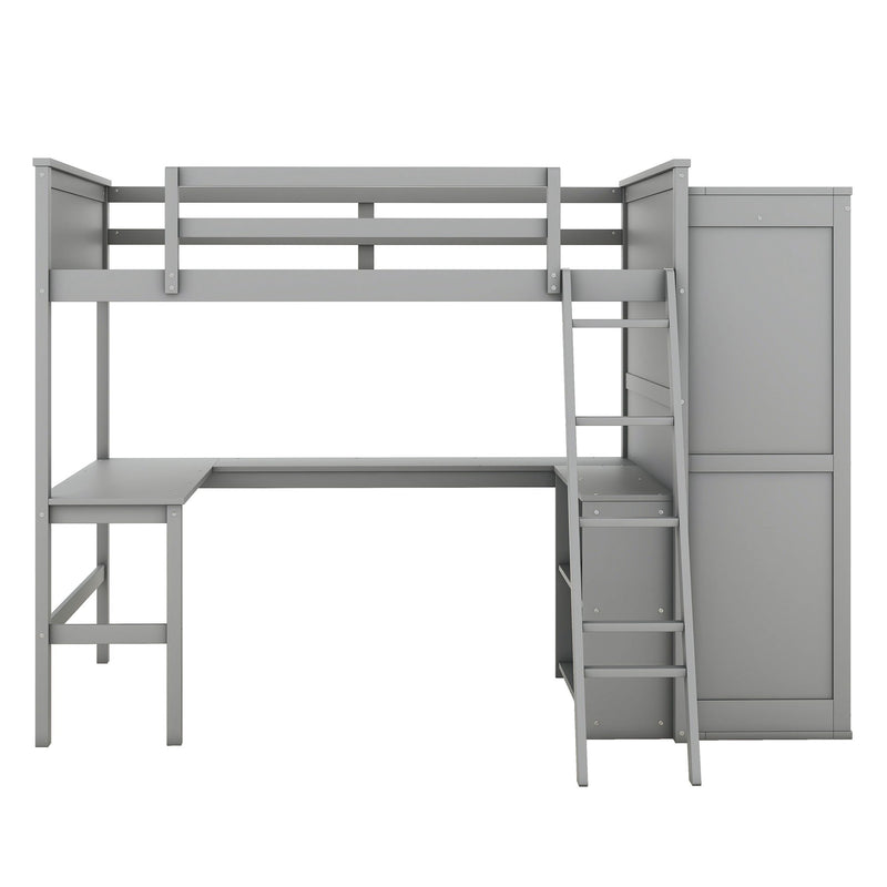 Full Size Loft Bed With Desk, Shelves And Wardrobe - Gray