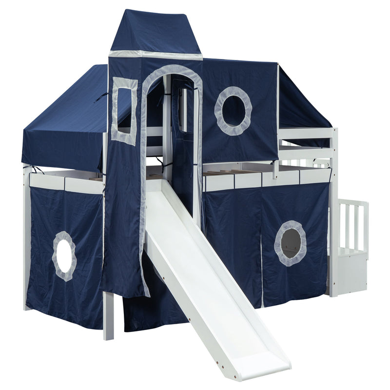 Twin Size Loft Bed With Tent And Tower - Blue